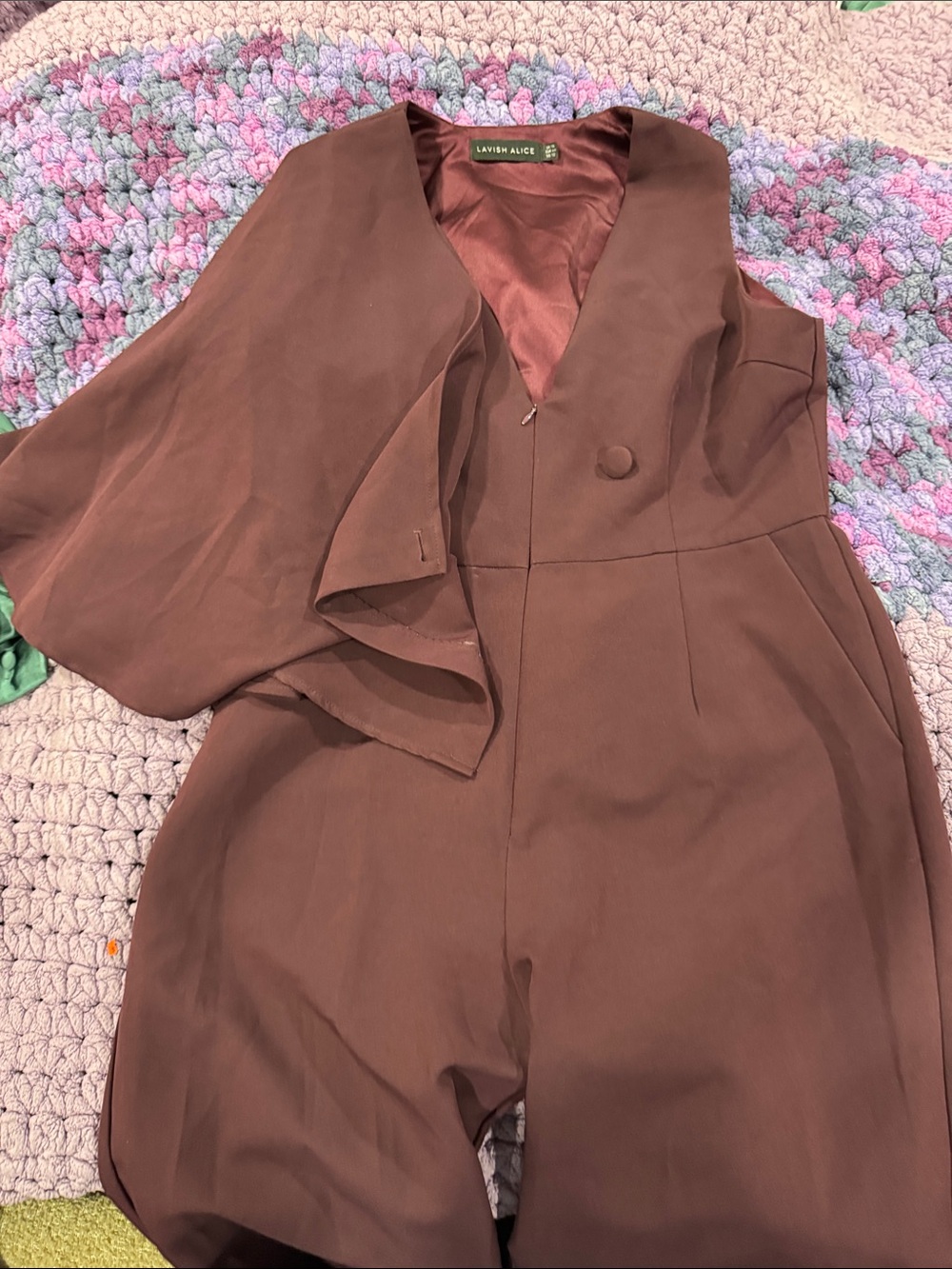 Lavish Alice Chocolate Brown One-Shoulder Jumpsuit with Cape